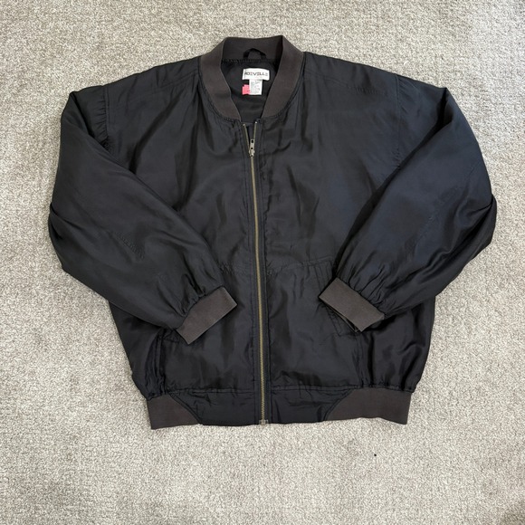 Roevell Other - Vintage Black Silk Bomber‎ Jacket Men's Large Zip Front Ribbed Cuffs Roevelle